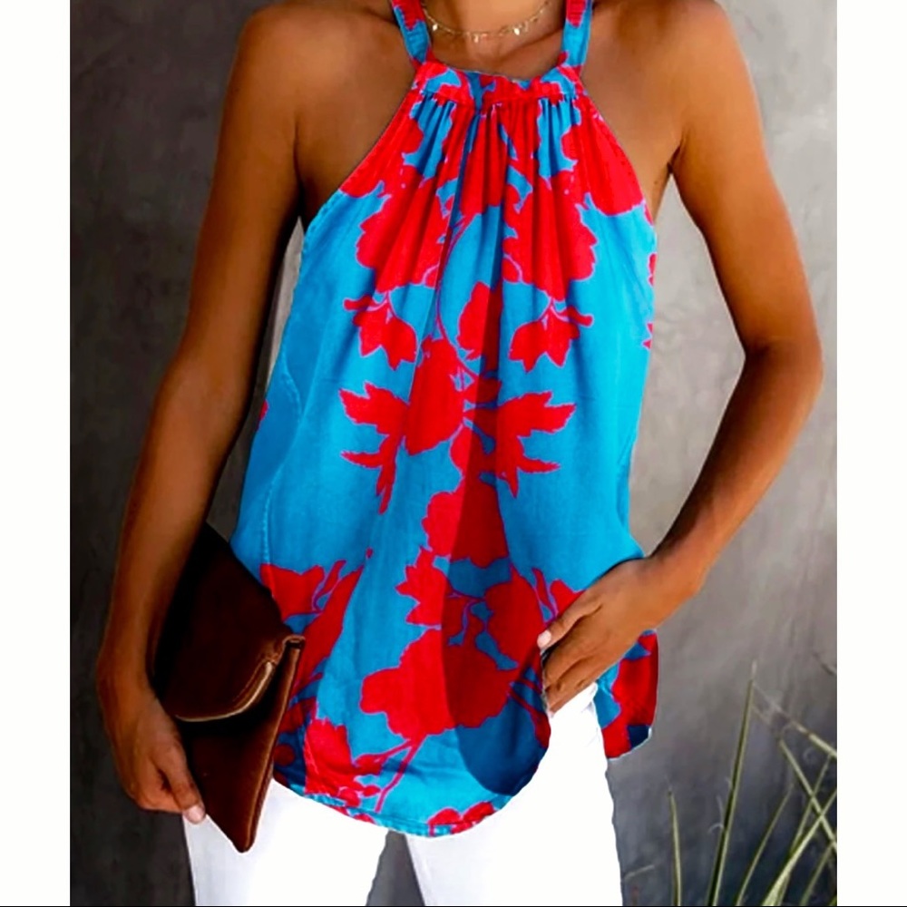 Blue and Red Halter Sleeveless Blouse Size M